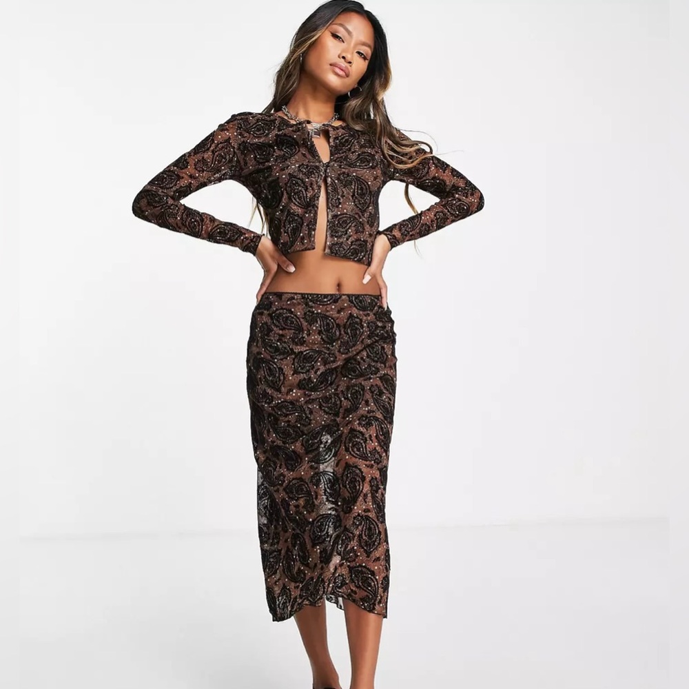 Reclaimed Vintage long sleeve button front top & midi skirt grunge paisley print